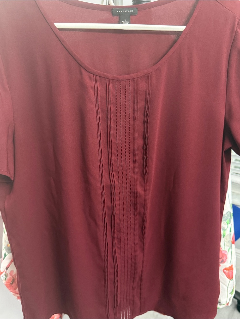 Ann Taylor Burgundy Short-Sleeve Pintuck Front Blouse